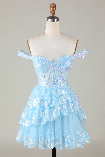Sparkly Blue Corset Tiered Lace A-Line Short Formal Dress